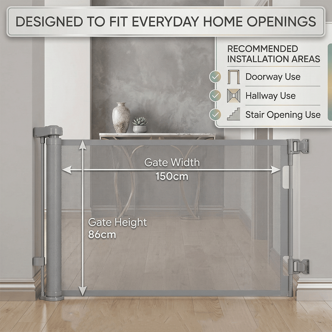 Retractable Baby Gate for Stairs, Extra Wide 150cm x 86cm Tall Mesh Safety Gate for Babies, Dogs & Pets, Extendable Dog Gate Indoor for Doorways & Hallways, One Hand Operation Toddler Safety Gate, Grey